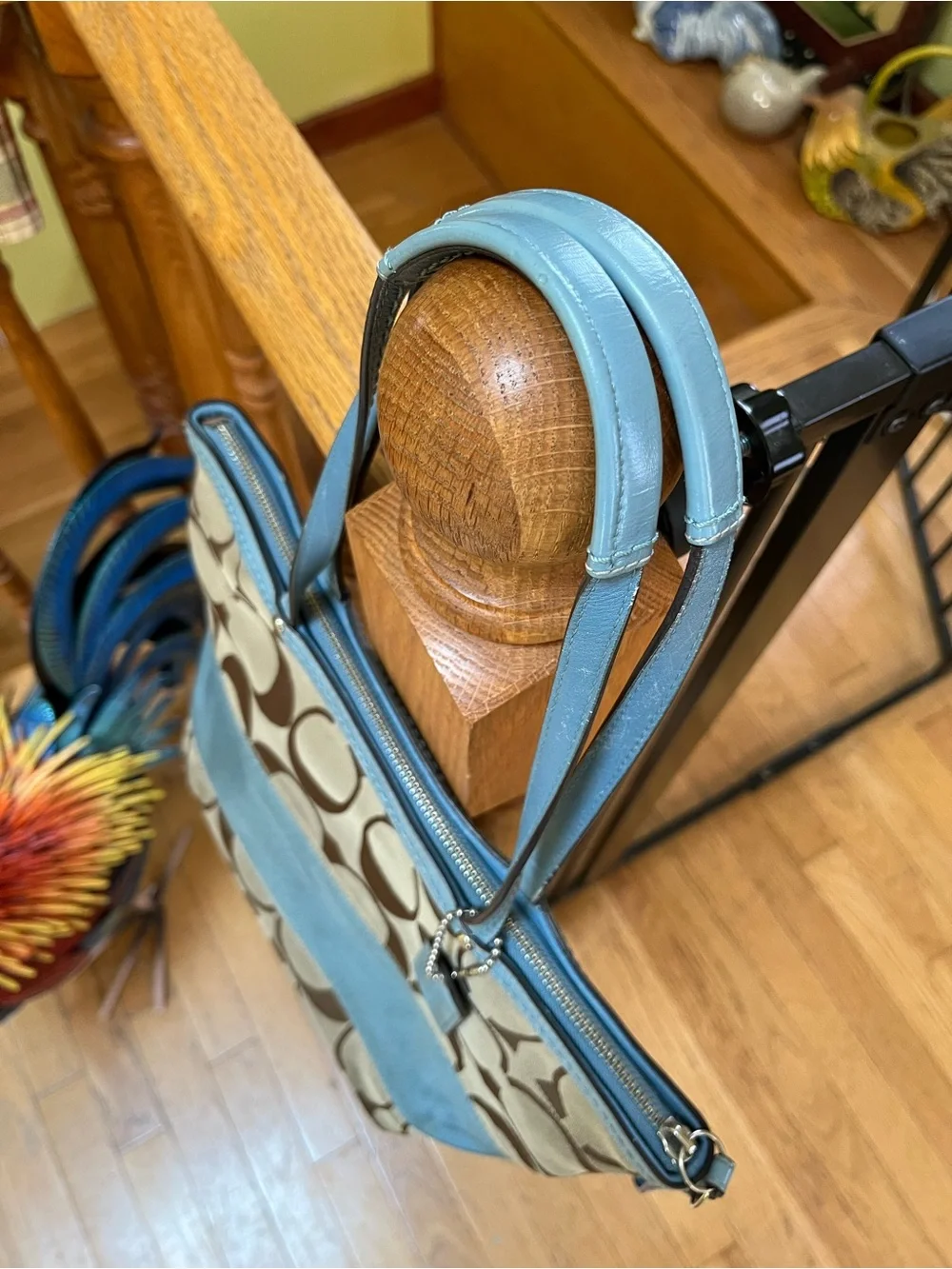 Coach Brown Signature Canvas Tote with Light Blue Trim